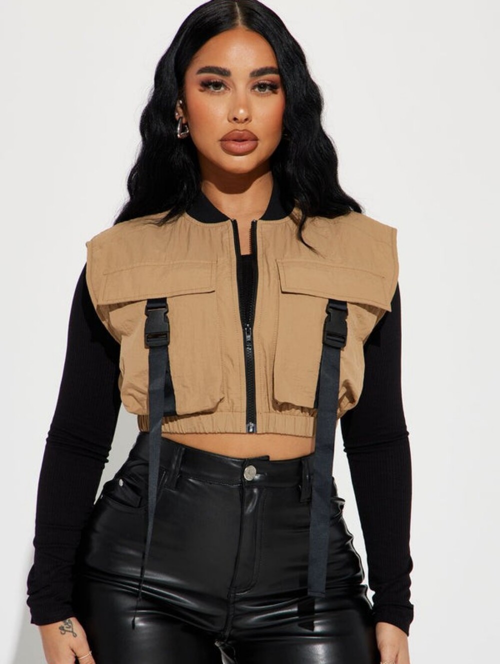 NEW! Cropped Tan Utility Vest with Black Strap Details